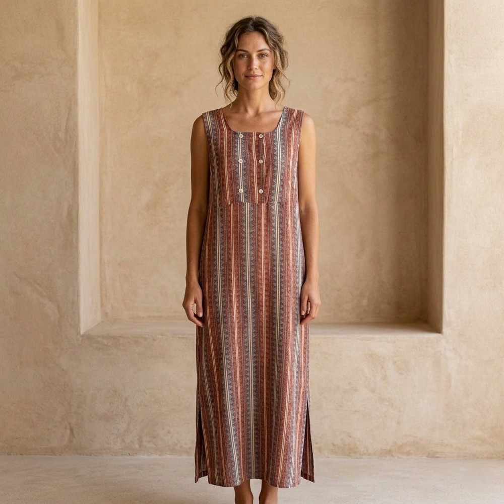 New Aura Tiger Dress Button Front Tribal Print Maxi Boho Sleeveless Size XL NWT